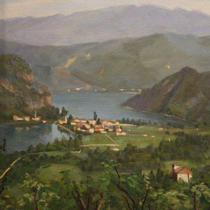 Trittico di dipinti veduta del lago di Lugano del XX secolo-photo-7
