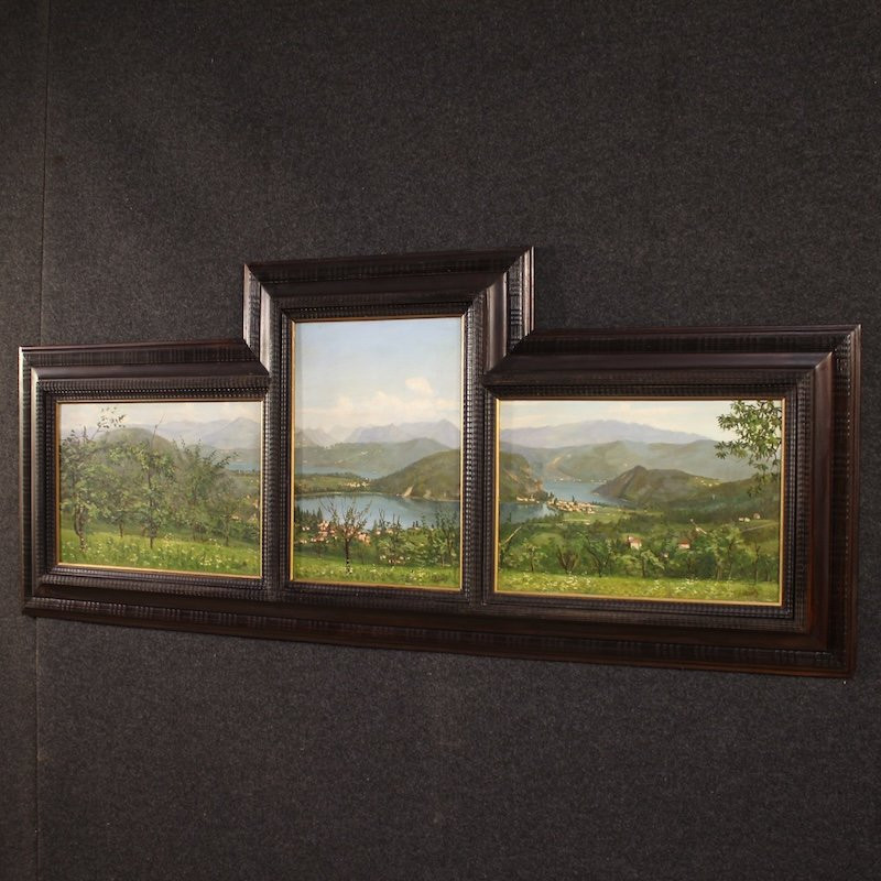 Trittico di dipinti veduta del lago di Lugano del XX secolo-photo-8