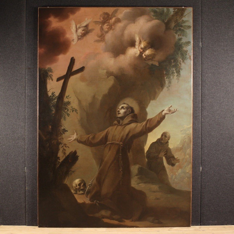 Grande quadro italiano del XVIII secolo, estasi di San Francesco d’Assisi