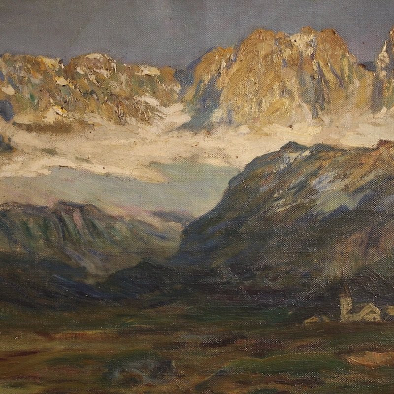 Antico dipinto italiano firmato paesaggio di montagna del XIX secolo-photo-3