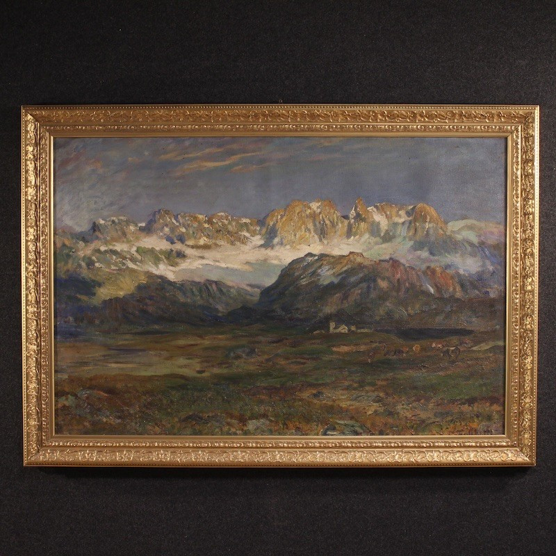 Antico dipinto italiano firmato paesaggio di montagna del XIX secolo