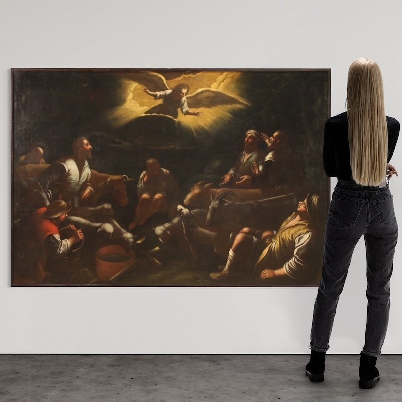 Antico dipinto di scuola bassanesca del XVII secolo, l'annuncio ai pastori-photo-2
