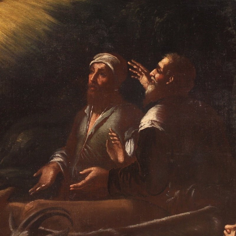 Antico dipinto di scuola bassanesca del XVII secolo, l'annuncio ai pastori-photo-2