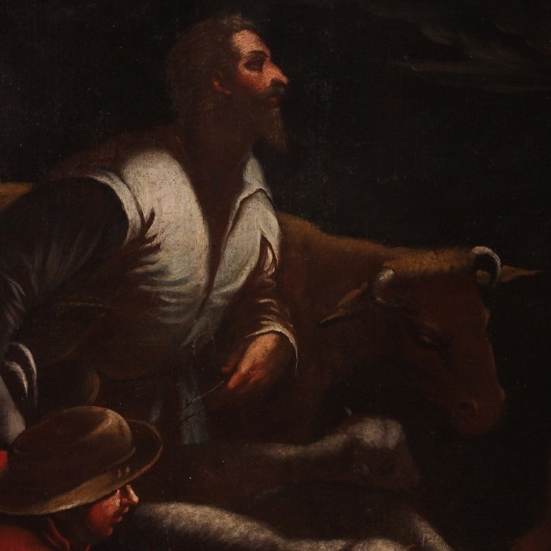 Antico dipinto di scuola bassanesca del XVII secolo, l'annuncio ai pastori-photo-3