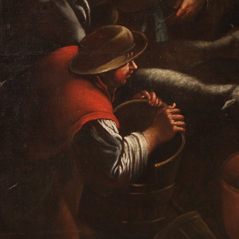 Antico dipinto di scuola bassanesca del XVII secolo, l'annuncio ai pastori-photo-5