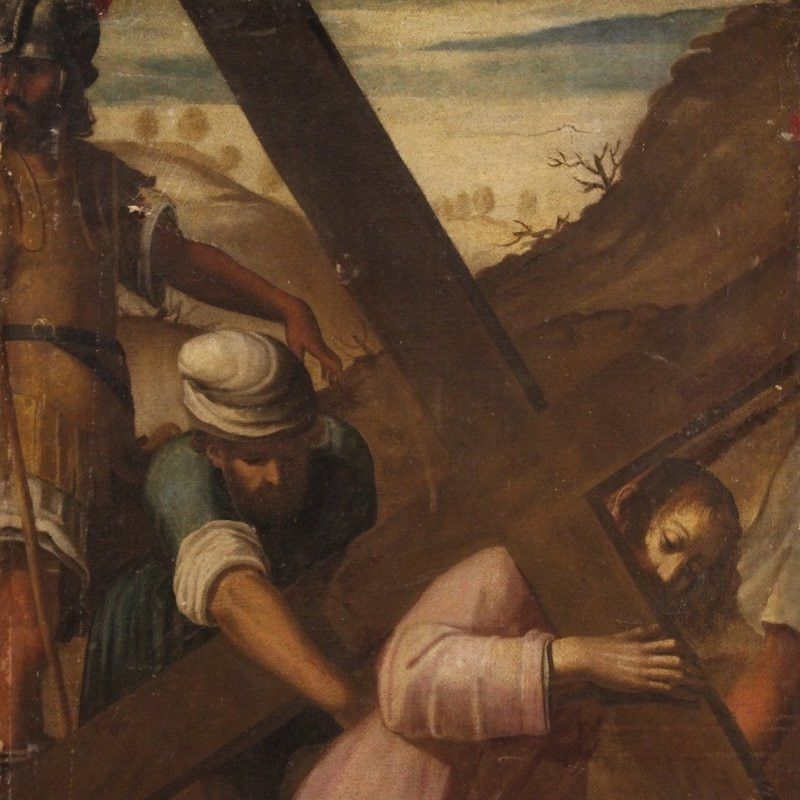 Antico dipinto italiano Via Crucis Salita al Calvario del XVII secolo-photo-2