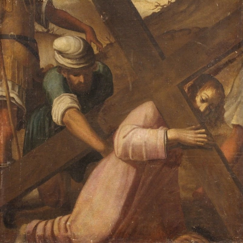 Antico dipinto italiano Via Crucis Salita al Calvario del XVII secolo-photo-1