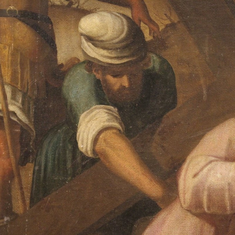 Antico dipinto italiano Via Crucis Salita al Calvario del XVII secolo-photo-2