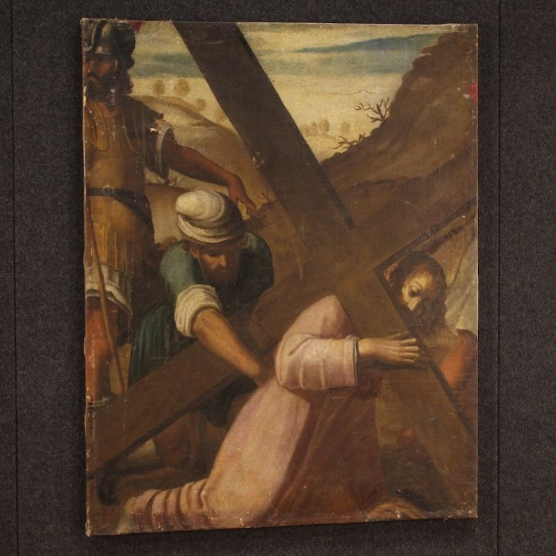 Antico dipinto italiano Via Crucis Salita al Calvario del XVII secolo-photo-6