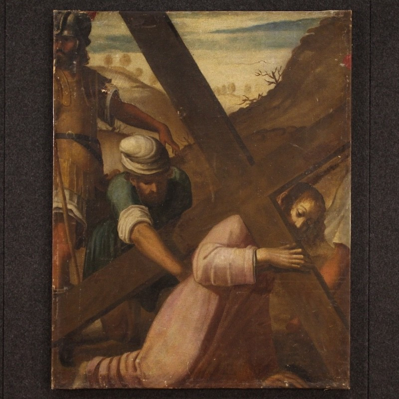 Antico dipinto italiano Via Crucis Salita al Calvario del XVII secolo