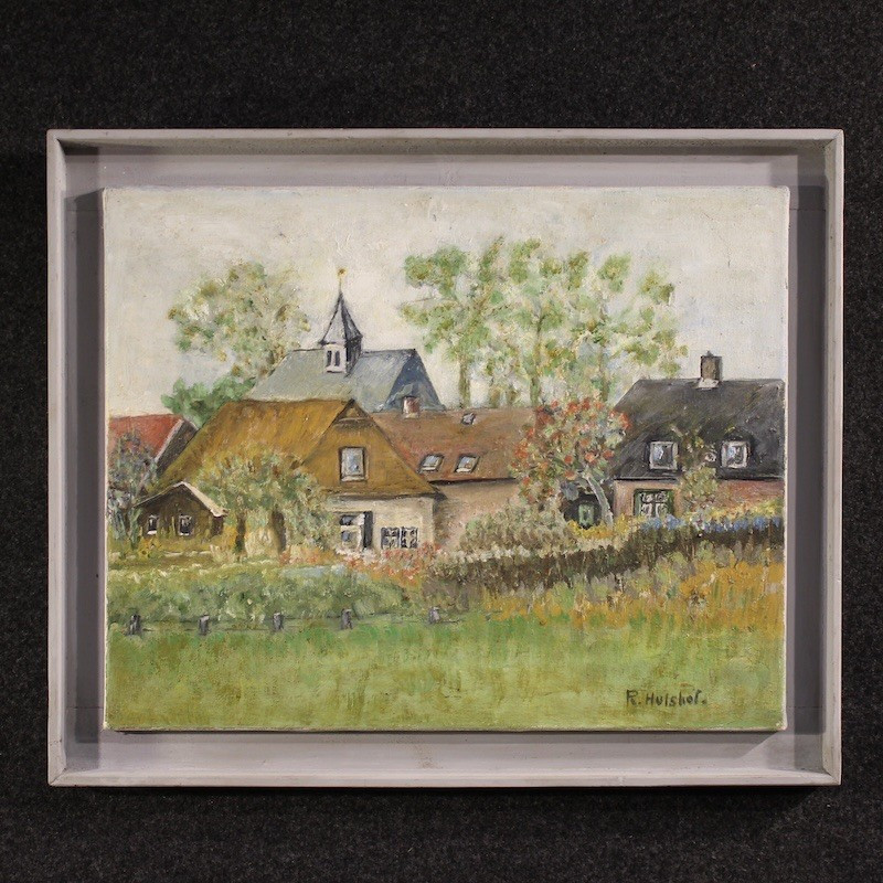 Dipinto olandese veduta di case in stile impressionista