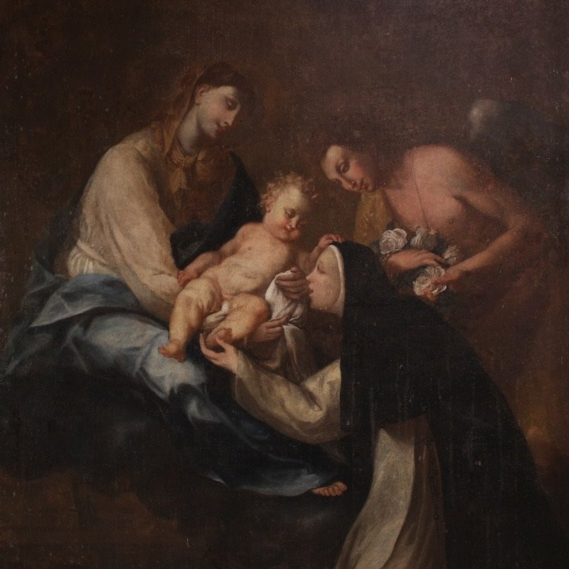 Antico dipinto Adorazione di Santa Rosa da Lima con Madonna e Gesù bambino del XVIII secolo-photo-2