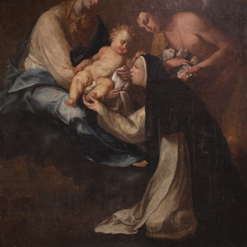 Antico dipinto Adorazione di Santa Rosa da Lima con Madonna e Gesù bambino del XVIII secolo-photo-3