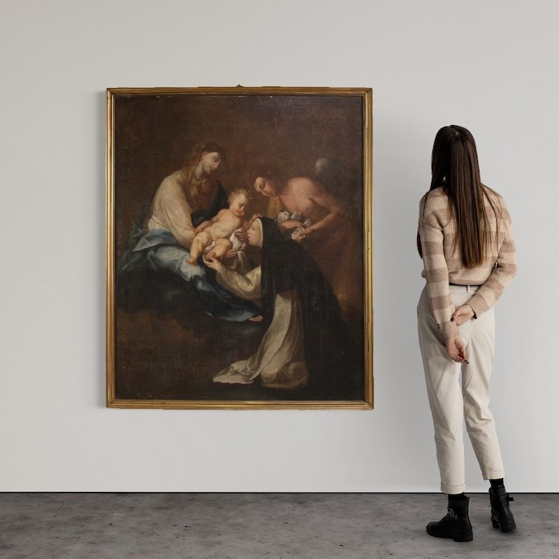 Antico dipinto Adorazione di Santa Rosa da Lima con Madonna e Gesù bambino del XVIII secolo-photo-4