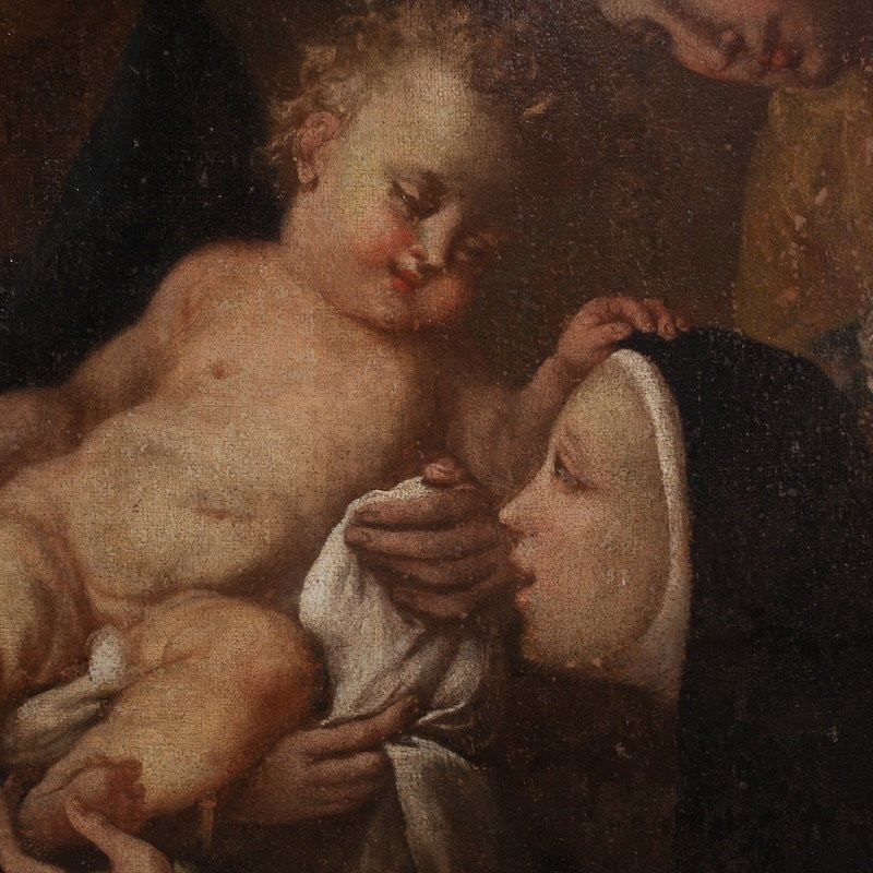 Antico dipinto Adorazione di Santa Rosa da Lima con Madonna e Gesù bambino del XVIII secolo-photo-2