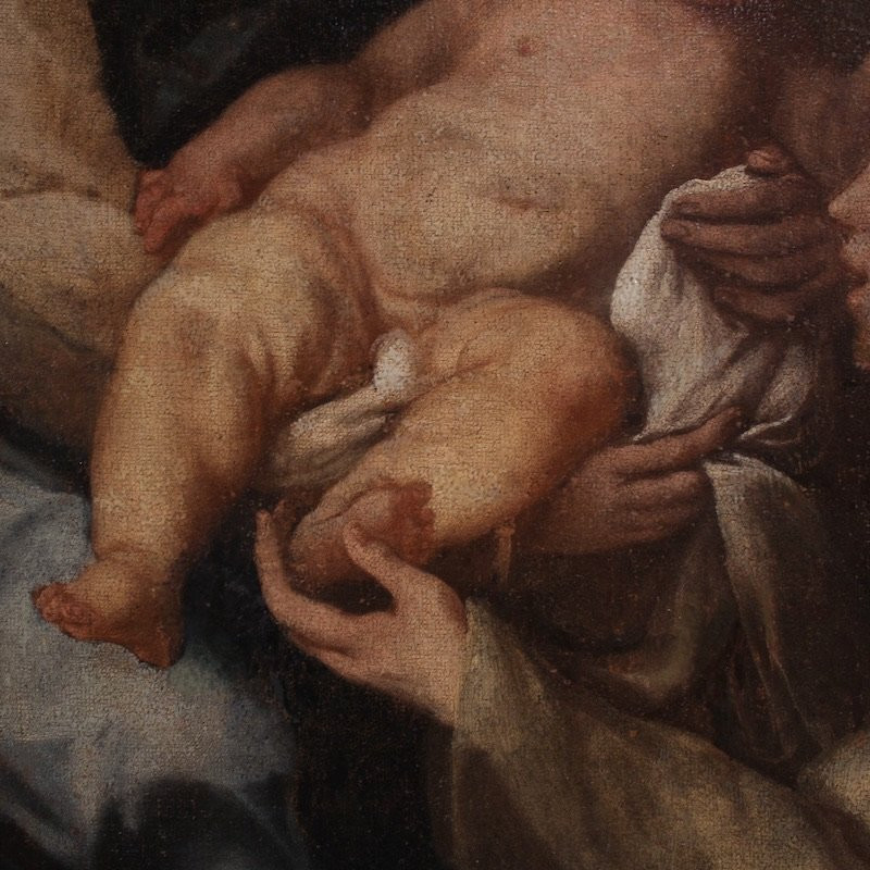 Antico dipinto Adorazione di Santa Rosa da Lima con Madonna e Gesù bambino del XVIII secolo-photo-3