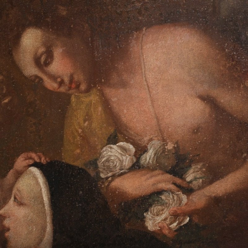Antico dipinto Adorazione di Santa Rosa da Lima con Madonna e Gesù bambino del XVIII secolo-photo-7