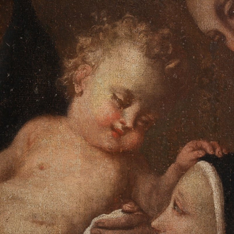 Antico dipinto Adorazione di Santa Rosa da Lima con Madonna e Gesù bambino del XVIII secolo-photo-8