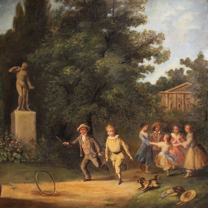 Dipinto francese scena di genere parco con giochi di bimbi-photo-3
