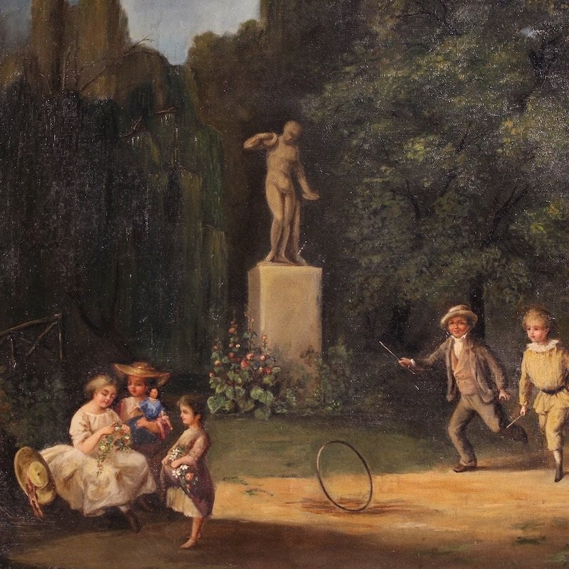 Dipinto francese scena di genere parco con giochi di bimbi-photo-4