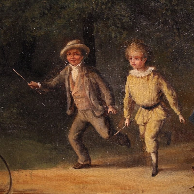 Dipinto francese scena di genere parco con giochi di bimbi-photo-2