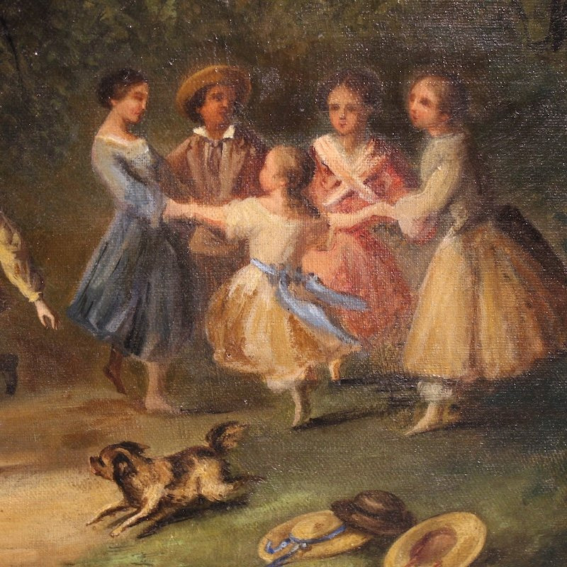 Dipinto francese scena di genere parco con giochi di bimbi-photo-5