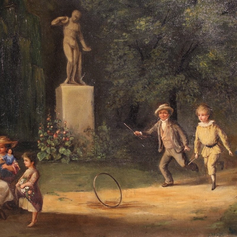 Dipinto francese scena di genere parco con giochi di bimbi-photo-6