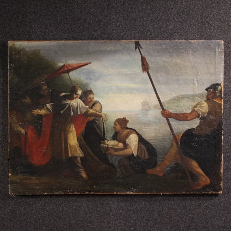 Antico dipinto italiano Mosè salvato dalle acque del XVIII secolo-photo-2