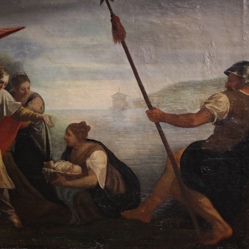 Antico dipinto italiano Mosè salvato dalle acque del XVIII secolo-photo-4