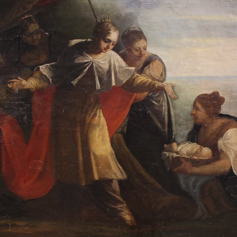 Antico dipinto italiano Mosè salvato dalle acque del XVIII secolo-photo-2