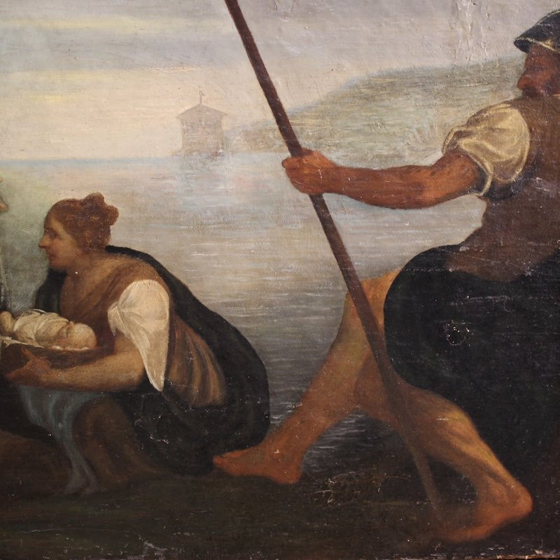 Antico dipinto italiano Mosè salvato dalle acque del XVIII secolo-photo-6