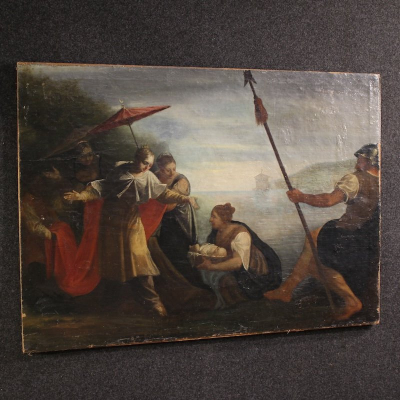 Antico dipinto italiano Mosè salvato dalle acque del XVIII secolo-photo-8