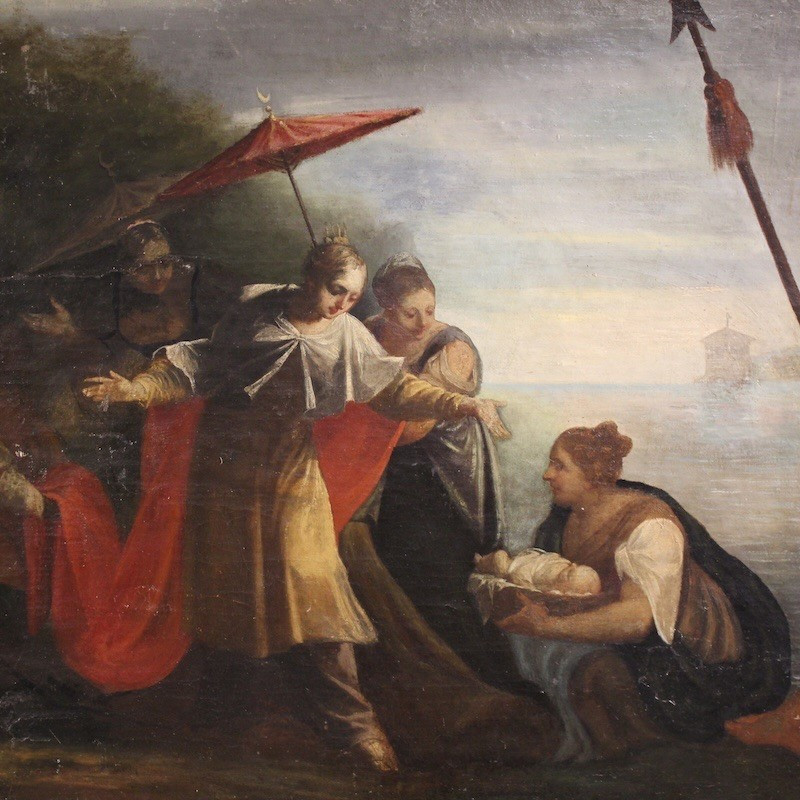 Antico dipinto italiano Mosè salvato dalle acque del XVIII secolo
