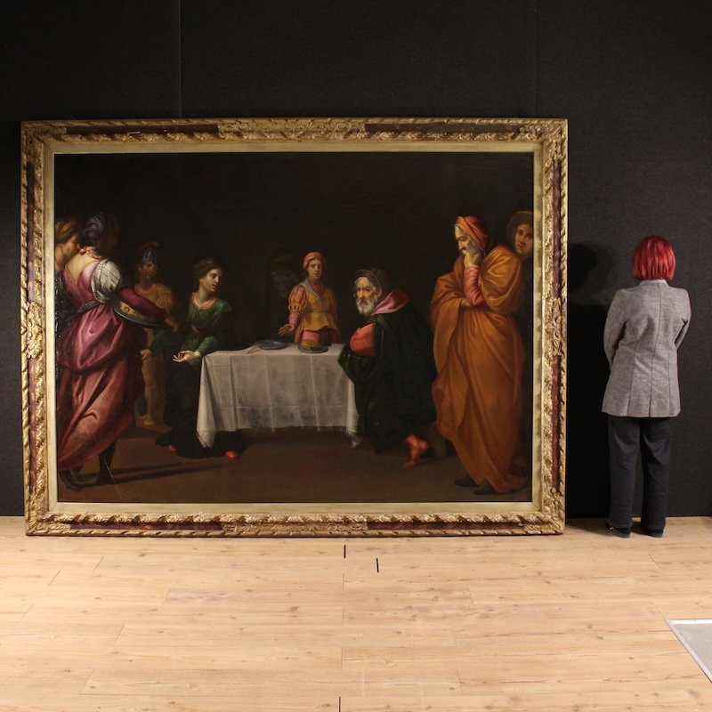 Grande dipinto italiano del XVII secolo, il banchetto di Erode con Salomè e la testa del Battis-photo-2