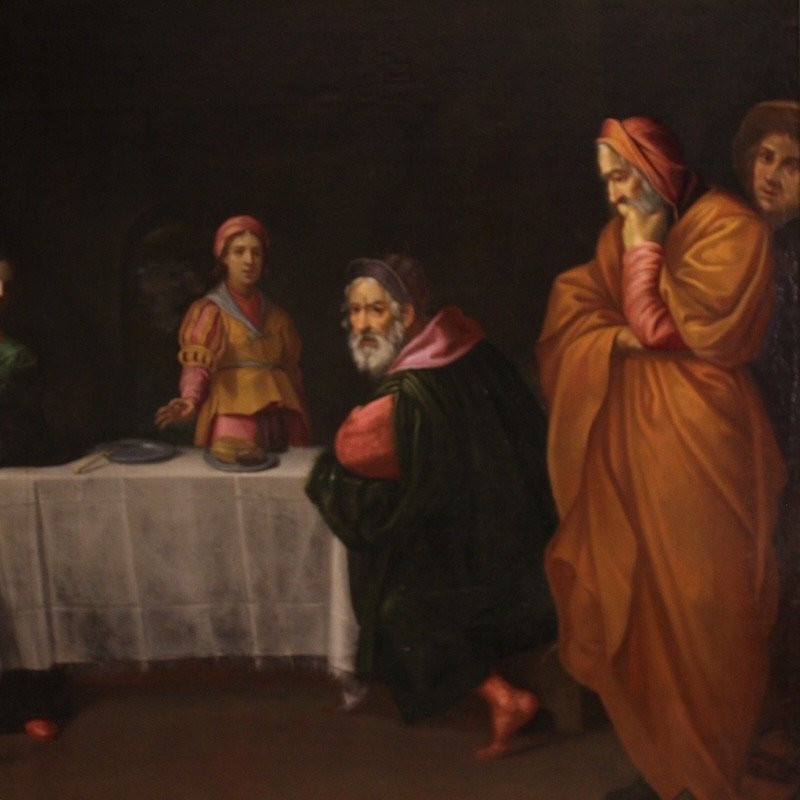 Grande dipinto italiano del XVII secolo, il banchetto di Erode con Salomè e la testa del Battis-photo-4