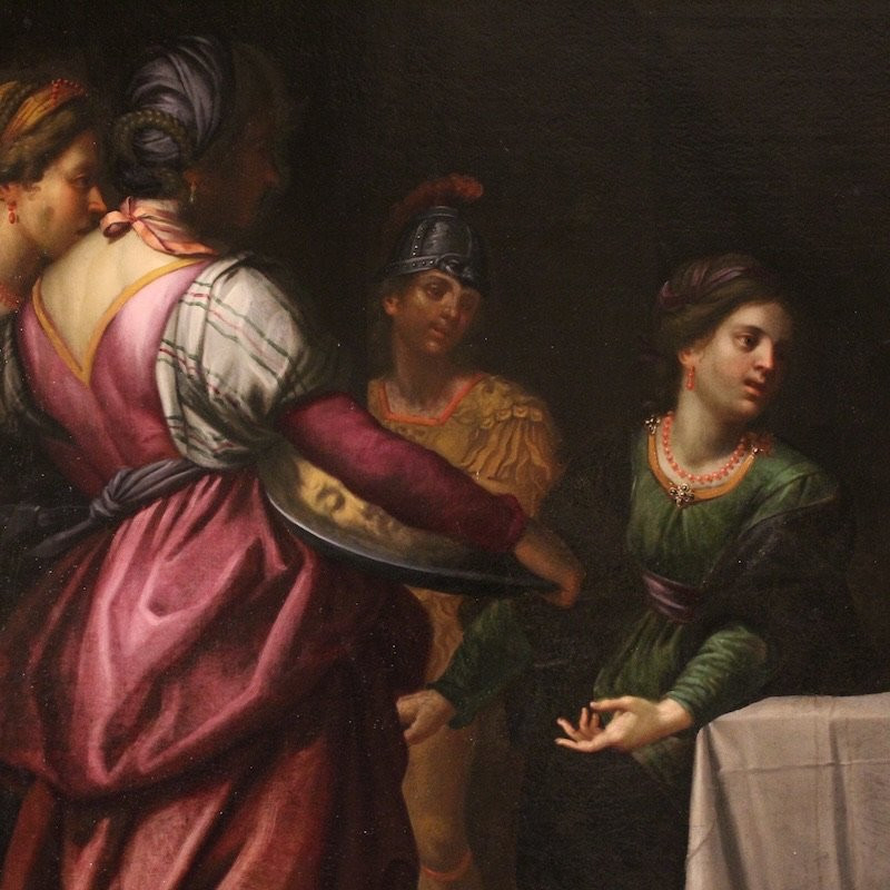 Grande dipinto italiano del XVII secolo, il banchetto di Erode con Salomè e la testa del Battis-photo-2