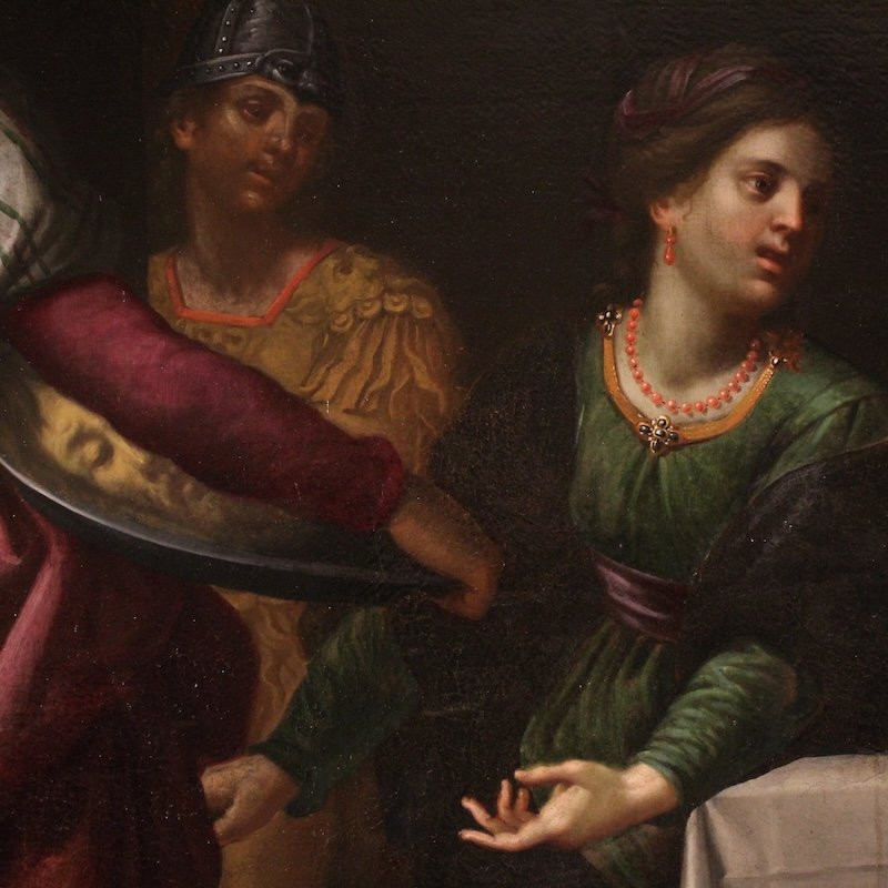 Grande dipinto italiano del XVII secolo, il banchetto di Erode con Salomè e la testa del Battis-photo-7