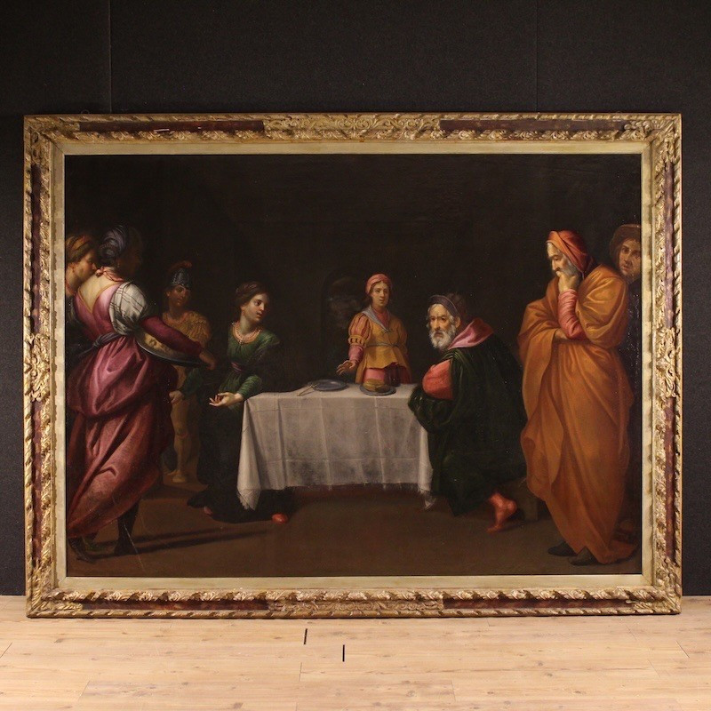 Grande dipinto italiano del XVII secolo, il banchetto di Erode con Salomè e la testa del Battis