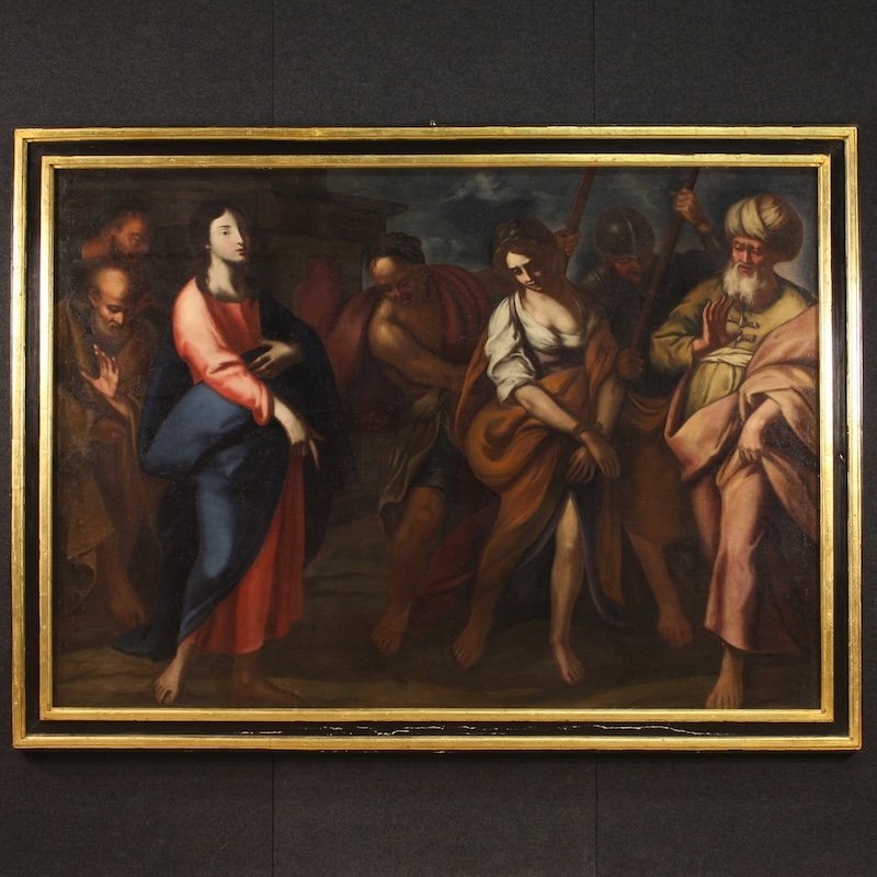 Grande quadro italiano del XVII secolo, Cristo e l’adultera
