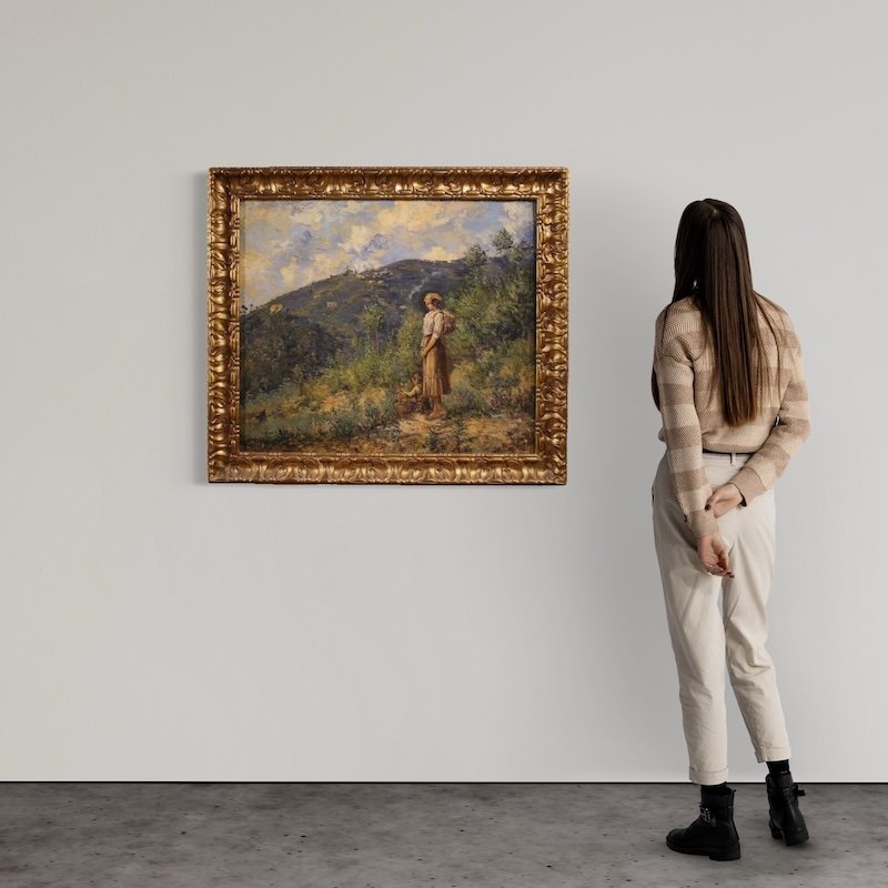Dipinto italiano paesaggio con figura firmato e datato 1914-photo-2
