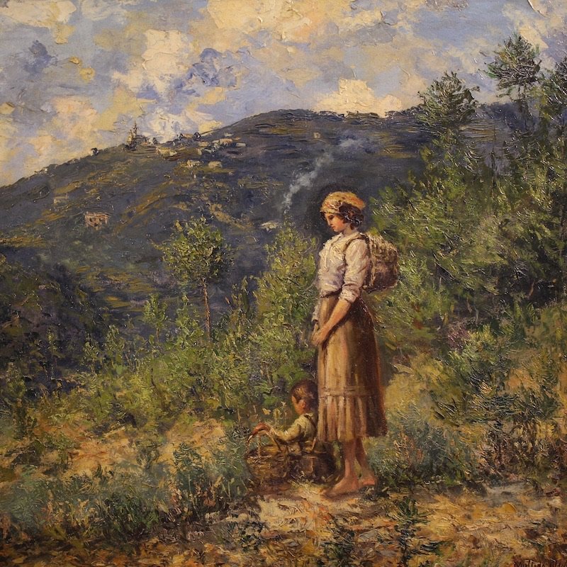 Dipinto italiano paesaggio con figura firmato e datato 1914-photo-3