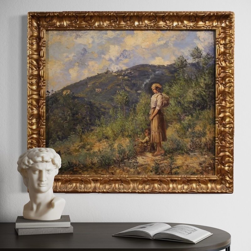 Dipinto italiano paesaggio con figura firmato e datato 1914-photo-3