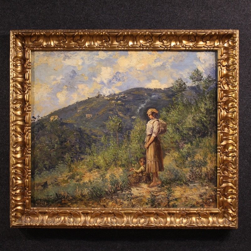 Dipinto italiano paesaggio con figura firmato e datato 1914