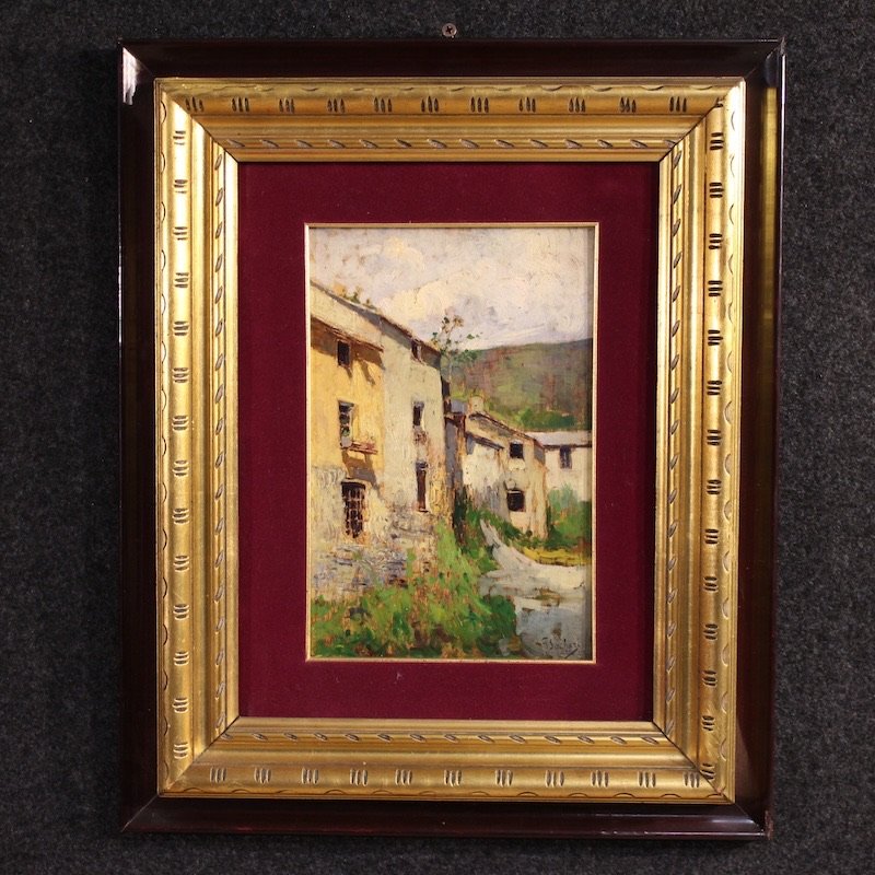 Dipinto italiano paesaggio veduta di case del XX secolo