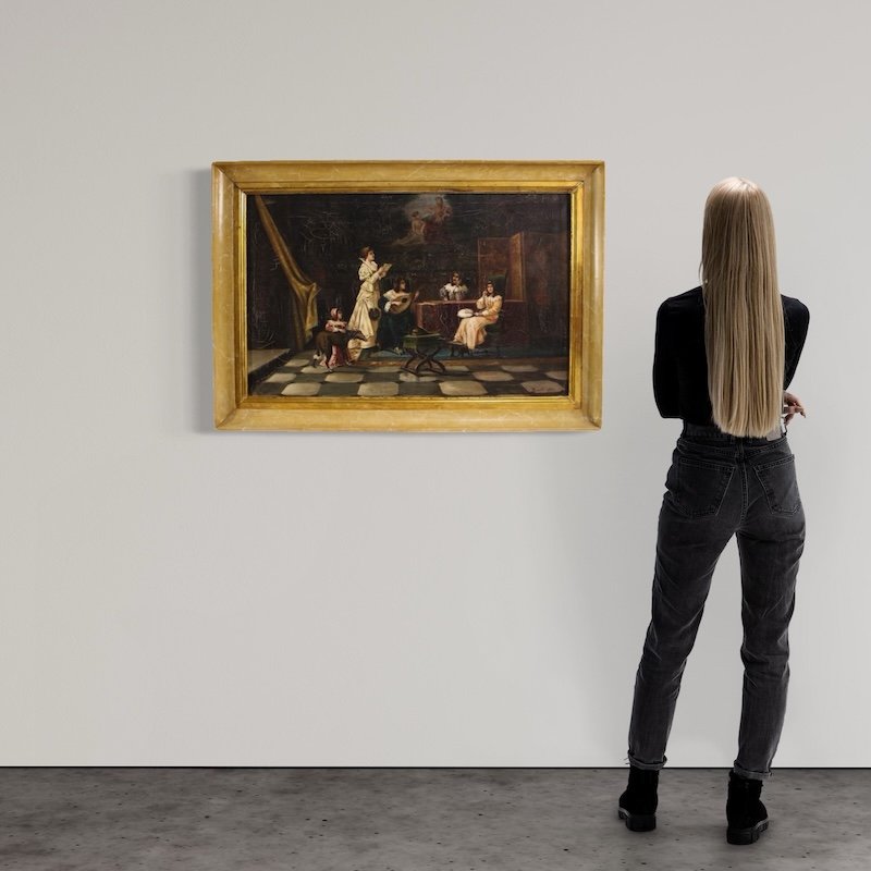 Dipinto italiano scena d'interno firmato F. Bonati 1913-photo-2