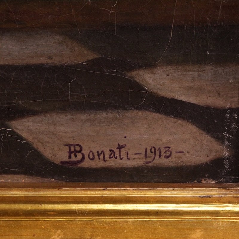 Dipinto italiano scena d'interno firmato F. Bonati 1913-photo-4
