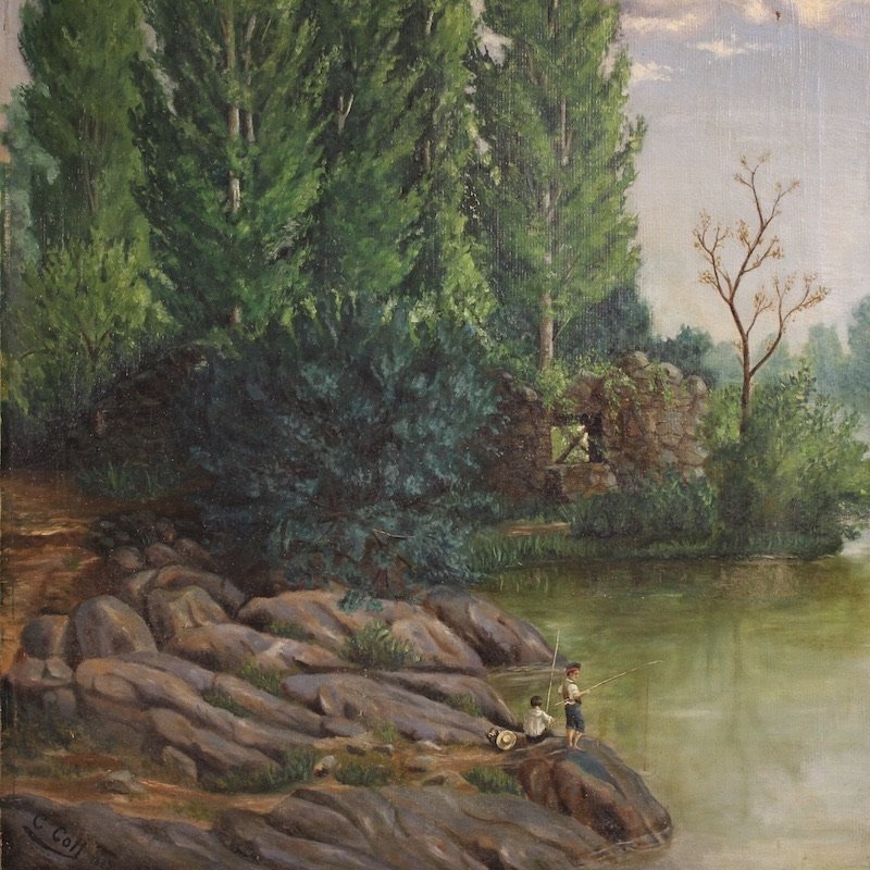 Dipinto spagnolo paesaggio firmato C. Coll 1883-photo-4