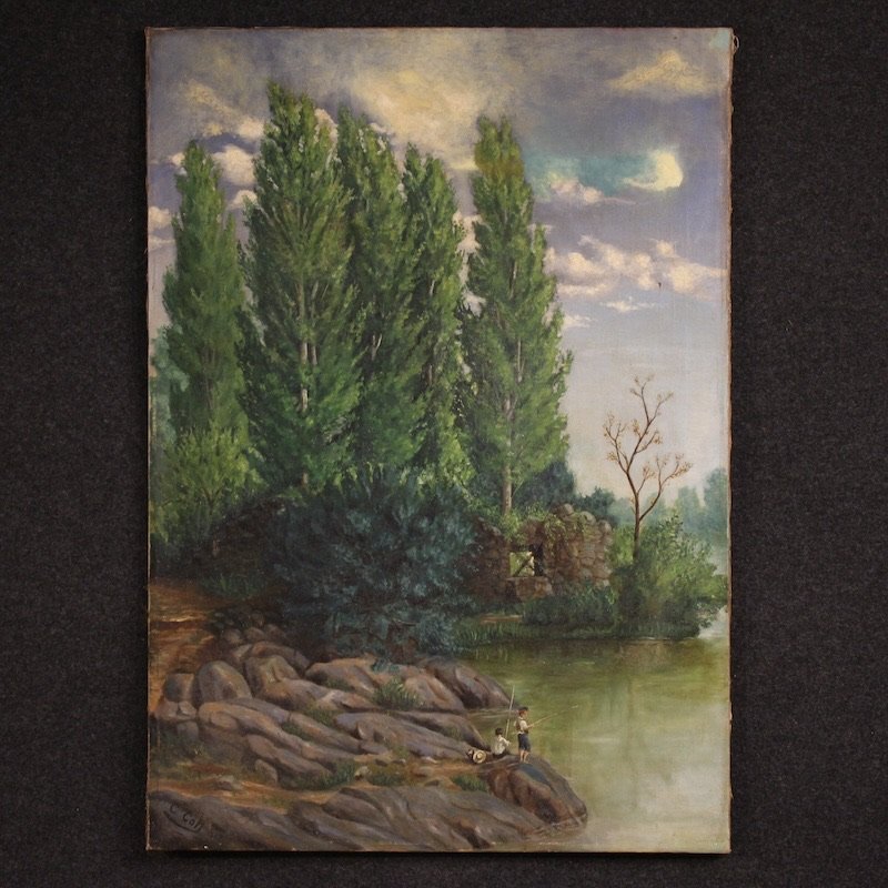 Dipinto spagnolo paesaggio firmato C. Coll 1883