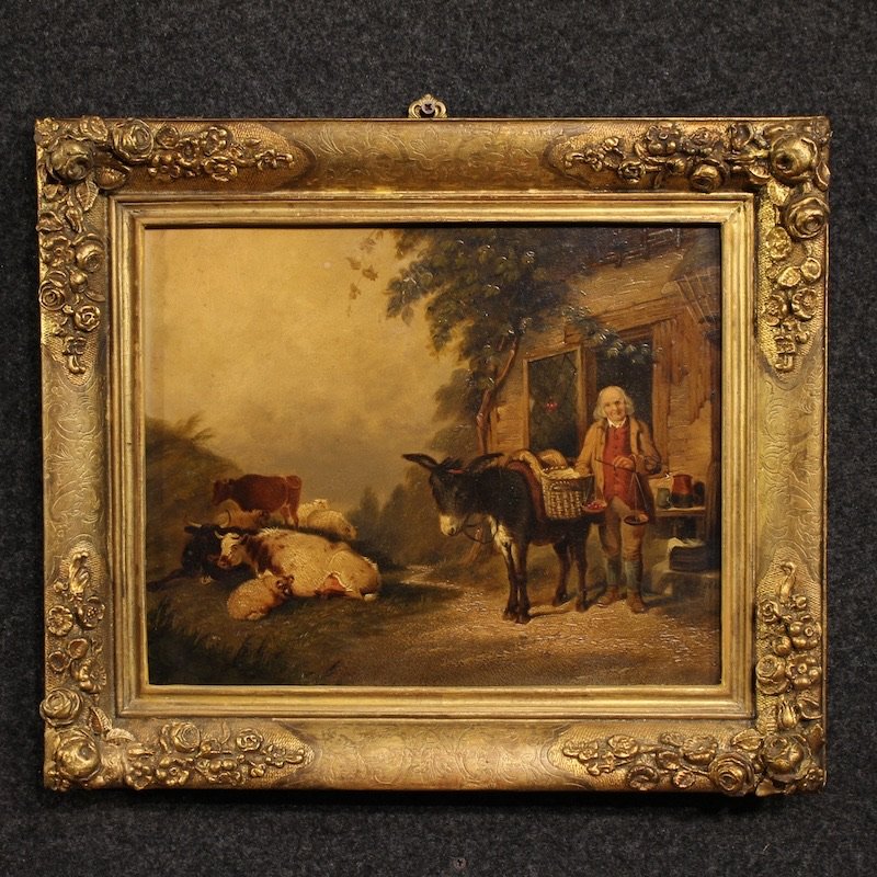 Antico dipinto inglese scena campestre datato 1866
