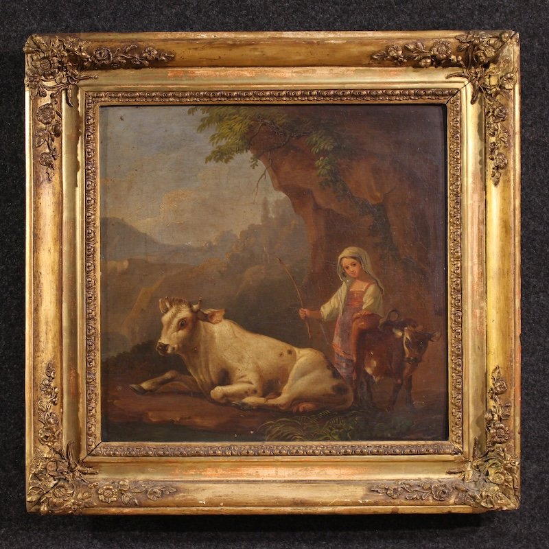 Antico dipinto paesaggio bucolico del XIX secolo